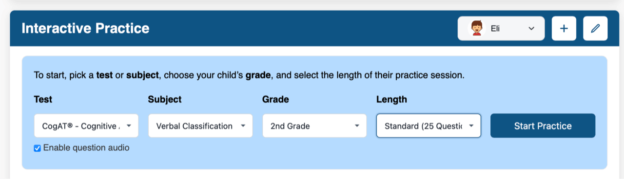 The Interactive Practice screen on TestingMom, where you pick the test, subject, grade, and session length.