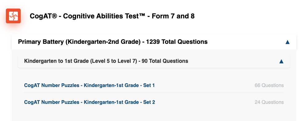A list of printable practice question sets, grouped by grade level with question counts.