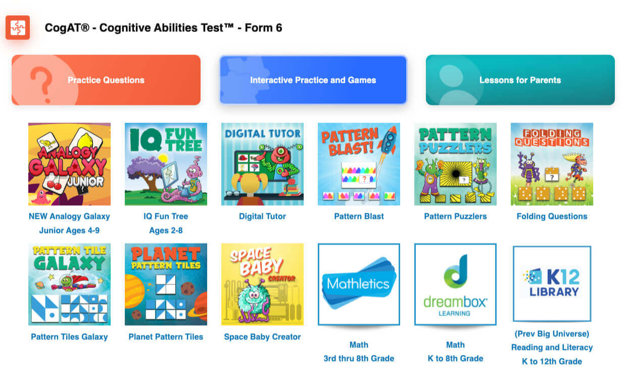 A test dashboard on TestingMom showing practice questions, interactive practice and games, and lessons for parents.