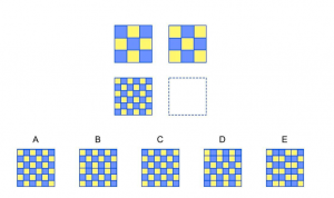 Question: Look at the squares on top. They go together in a certain way. Choose the square among the answer choices that goes in the empty space because it belongs with the square(s) on the bottom the same way the squares on top belong together. 